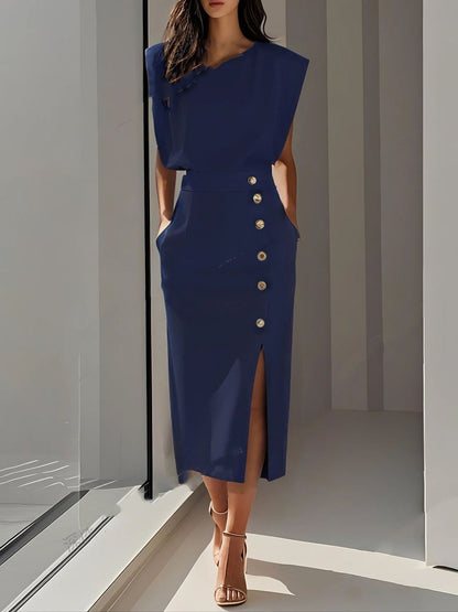 Women's Summer Split Dress With Buttons Casual Sleeveless Midi Dress Clothing